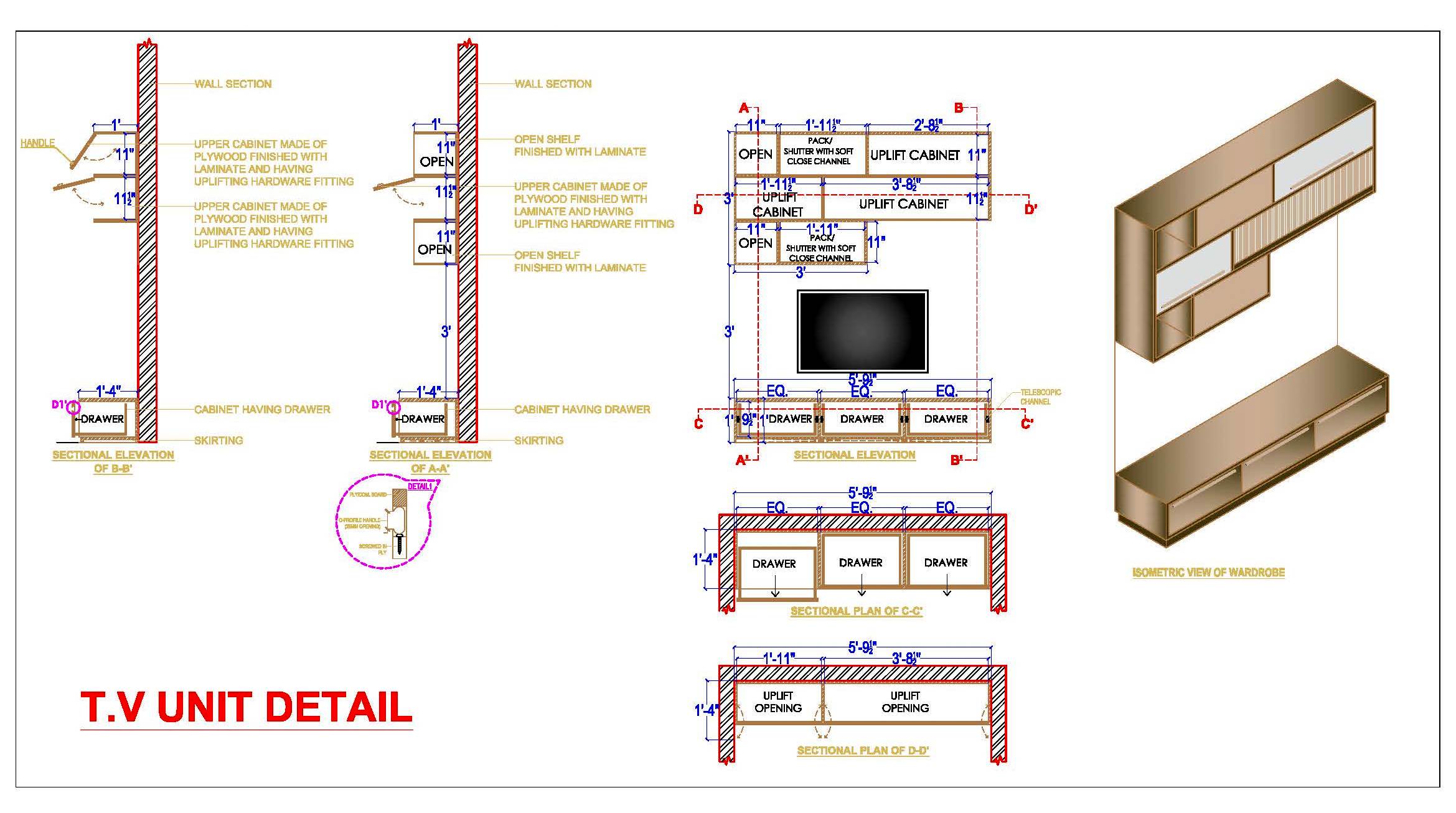 TV Unit Cabinet with Shelves - CAD Design Detail